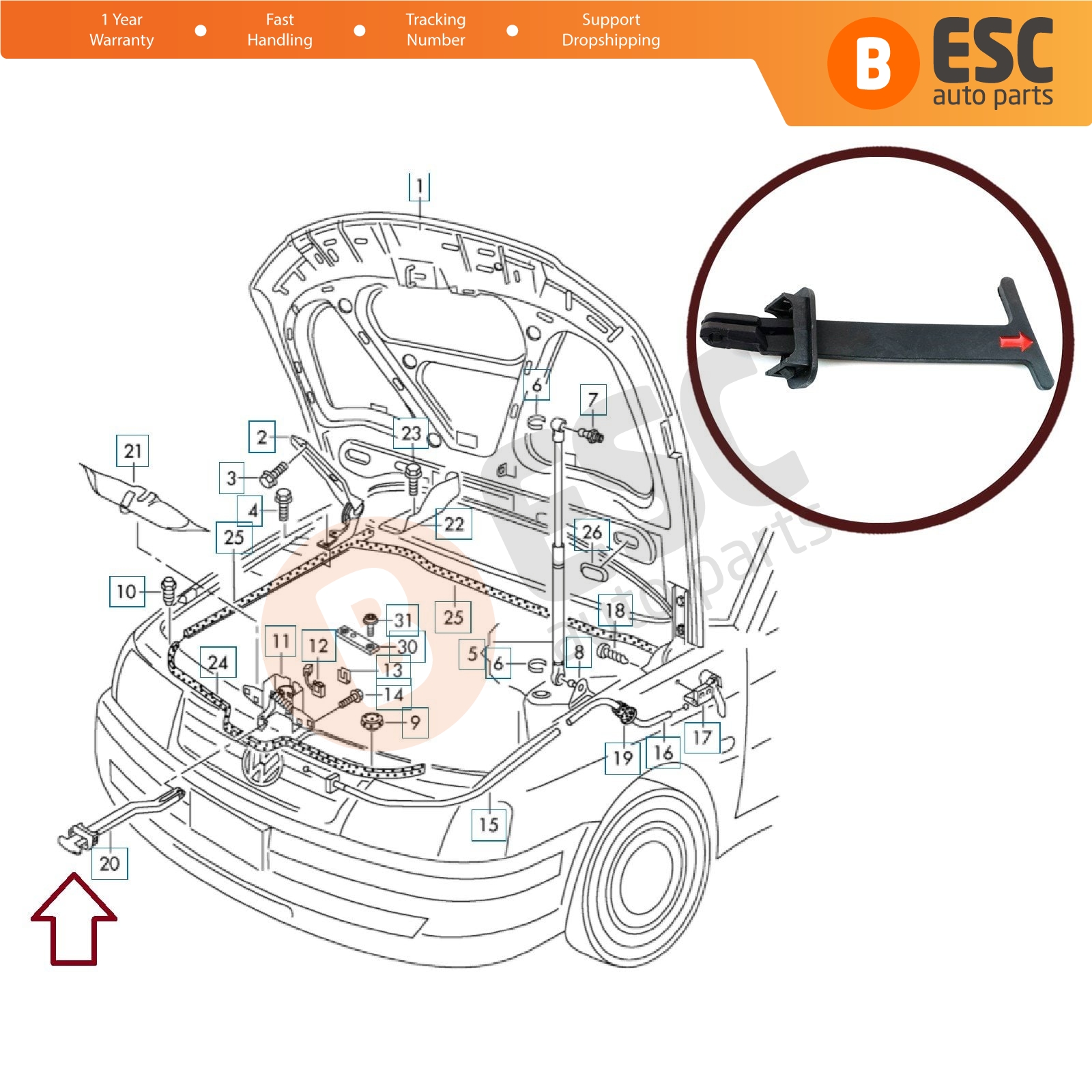 Bonnet Hood Latch Release Lever Pull Handle Rod 3B0823593D for Passat 2001-2005