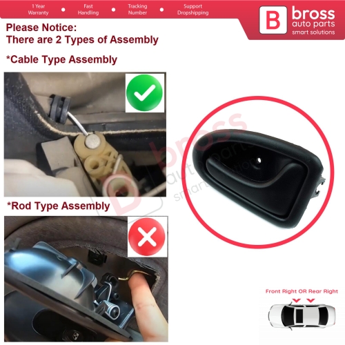 Inner Door Handle Right Black Cable Type for Renault Clio 2 Scenic Megane 1 Trafic Master 2 Mascott Logan 1 Movano Vivaro A Interstar Primastar 1 Daily 8200028995