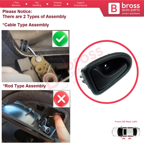 Inner Door Handle Left Black Cable Type for Renault Clio 2 Scenic Megane 1 Trafic Master 2 Mascott Logan 1 Movano Vivaro A Interstar Primastar 1 Daily 8200028994