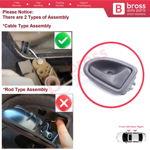 Inner Door Handle Right Gray Cable Type for Renault Clio 2 Scenic Megane 1 Trafic Master 2 Mascott Logan 1 Movano Vivaro A Interstar Primastar 1 Daily 8200028995