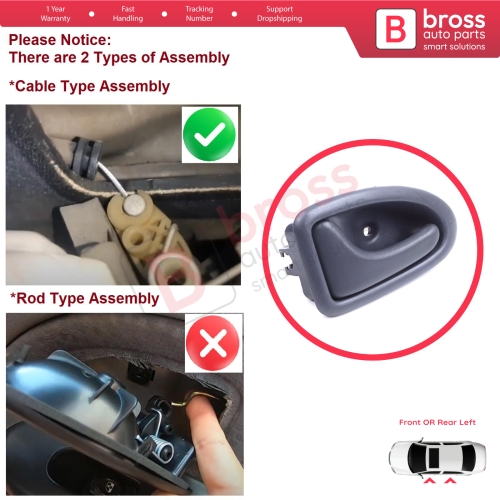 Inner Door Handle Left Gray Cable Type for Renault Clio 2 Scenic Megane 1 Trafic Master 2 Mascott Logan 1 Movano Vivaro A Interstar Primastar 1 Daily 8200028994