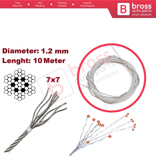 10 meter Car Door Hood Trunk Release Locking Latch Bowden Repair Cable AISI 304 Steel Wire Rope 7x7 Strands Diameter 1.2 mm