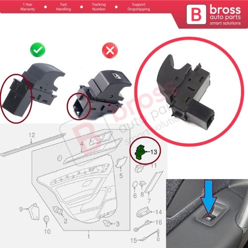 Passenger Door Window Switch Single Control Button 4 Pin for VW Crafter 2 Golf 7 Passat B8 Polo 6 Octavia 4 Superb 3 Leon 3 Ibiza 5 Ateca Audi A1 MK2 5G0959855D