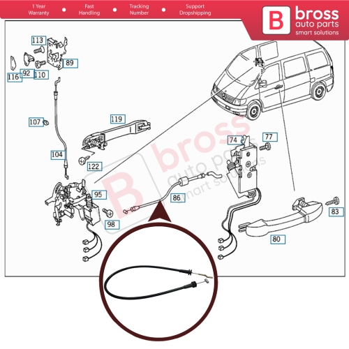 Inner Door Handle Release Lock Latch Bowden Cable Front 6387600404 for Mercedes Vito W638