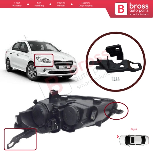 Headlight Holder Mount Repair Bracket Tab Set Right Side for Peugeot 301 2012-2017 Pre-Facelift 9675138980