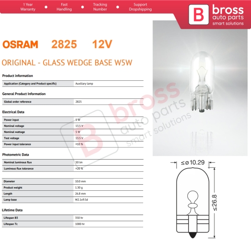 10-Piece Pack OSRAM 2825 W5W 12V ORIGINAL Series Clear Bulbs