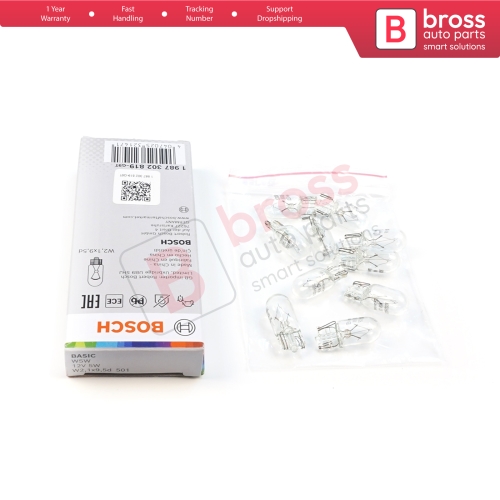 10-Piece Pack BOSCH 1987302819 Basic Eco Series W5W 12V 5W 501 Clear Bulbs