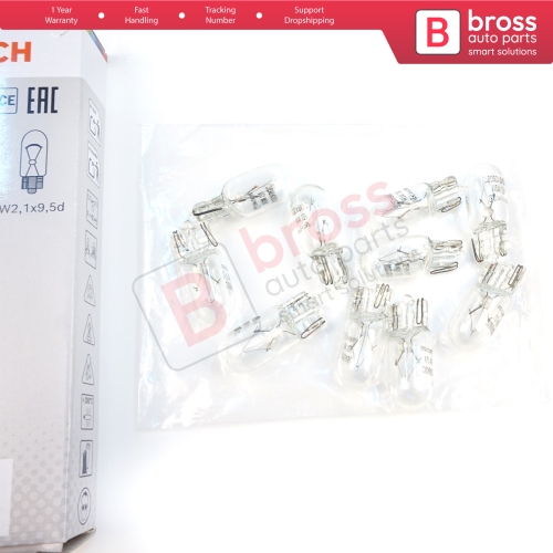 10-Piece Pack BOSCH 1987302819 Basic Eco Series W5W 12V 5W 501 Clear Bulbs