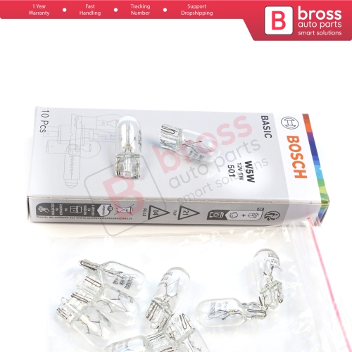 10-Piece Pack BOSCH 1987302819 Basic Eco Series W5W 12V 5W 501 Clear Bulbs