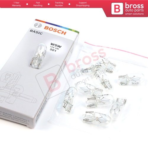 10-Piece Pack BOSCH 1987302819 Basic Eco Series W5W 12V 5W 501 Clear Bulbs