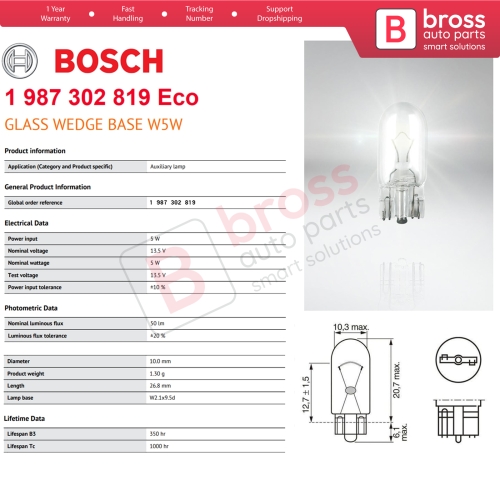 10-Piece Pack BOSCH 1987302819 Basic Eco Series W5W 12V 5W 501 Clear Bulbs