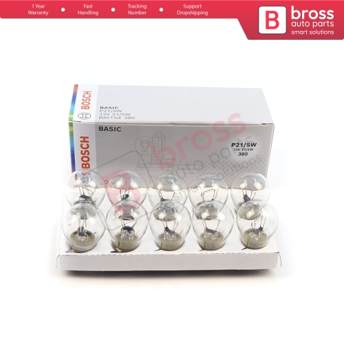 10-Piece Pack BOSCH 1 987 302 814 P21/5 W 12 V BAY15d 380 Basic Series Bulbs with Metal Base
