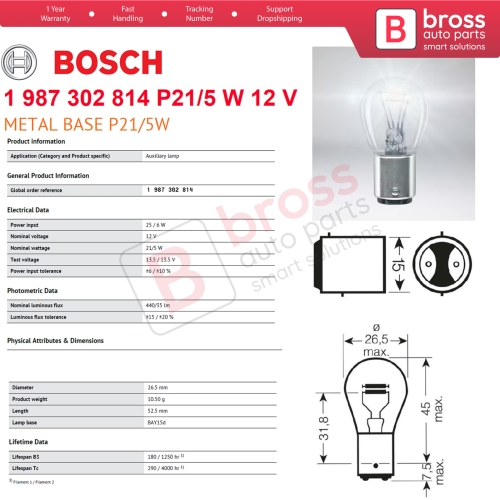 10-Piece Pack BOSCH 1 987 302 814 P21/5 W 12 V BAY15d 380 Basic Series Bulbs with Metal Base