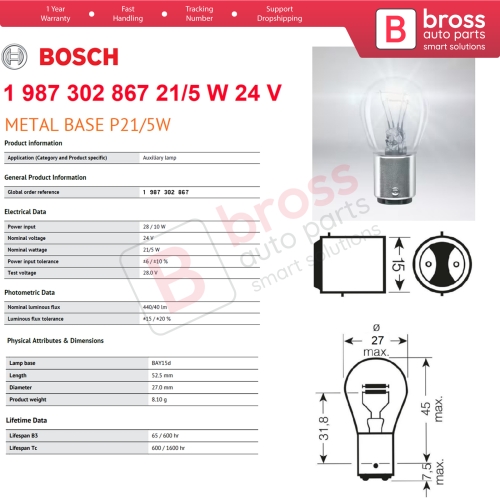 10-Piece Pack BOSCH 1 987 302 867 21/5 W 24 V BAY15d 334 Eco Truck Series Bulbs with Metal Base