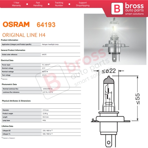 1 Piece OSRAM ORIGINAL 64193 12V 60/55W H4 P43t Halogen Bulb for Headlight Low-Beam High-Beam Fog Lamp