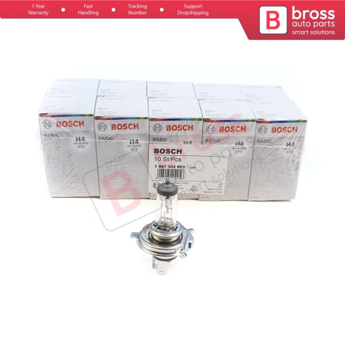 10 Pieces BOSCH BASIC 1 987 302 803 12V 60/55W H4 Halogen Bulb for Headlight Low-Beam High-Beam Fog Lamp