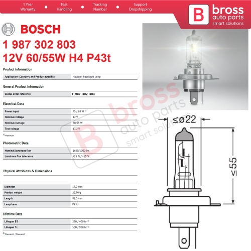 1 Piece BOSCH BASIC 1 987 302 803 12V 60/55W H4 Halogen Bulb for Headlight Low-Beam High-Beam Fog Lamp