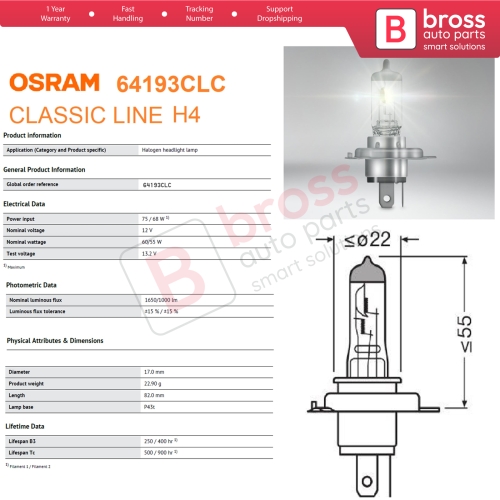 10 Pieces OSRAM CLASSIC 64193CLC 12V 60/55W H4 P43t Halogen Bulb for Headlight Low-Beam High-Beam Fog Lamp