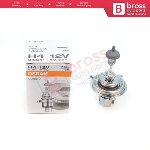 1 Piece OSRAM CLASSIC 64193CLC 12V 60/55W H4 P43t Halogen Bulb for Headlight Low-Beam High-Beam Fog Lamp
