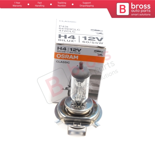 1 Piece OSRAM CLASSIC 64193CLC 12V 60/55W H4 P43t Halogen Bulb for Headlight Low-Beam High-Beam Fog Lamp