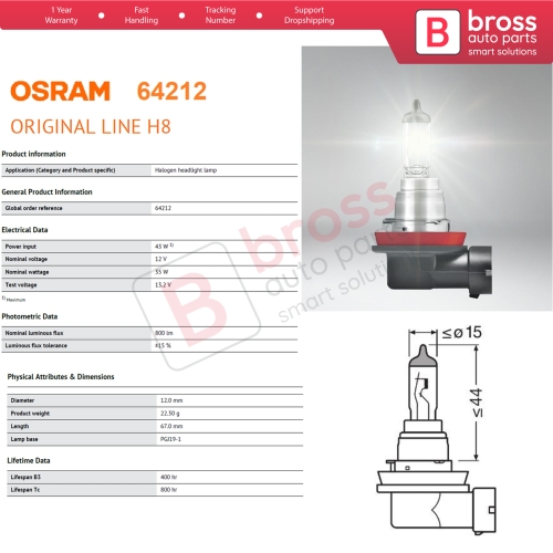 10 Pieces OSRAM ORIGINAL 64212 H8 12V 35W PGJ19-1 Halogen Bulb for Headlight Fog Lamp High Beam Spotlight
