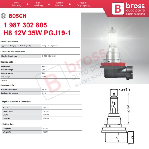 10 Pieces BOSCH BASIC 1 987 302 805 H8 12V 35W PGJ19-1 Halogen Bulb for Headlight Fog Lamp High Beam Spotlight Bulb