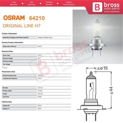 1 Piece OSRAM ORIGINAL 64210 H7 12V 55W PX26d Halogen Bulb for Headlight Low-Beam High-Beam Fog Lamp