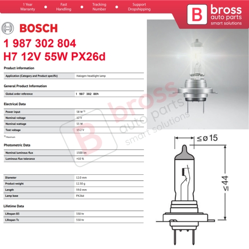 1 Piece BOSCH BASIC 1 987 302 804 H7 12V 55W PX26d Halogen Bulb for Headlight Low-Beam High-Beam Fog Lamp