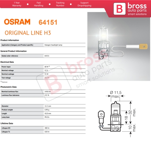 10 Pieces OSRAM ORIGINAL 64151 H3 12V 55W PK22s Halogen Bulb for Fog Trailer Off-Road Headlight Lamp