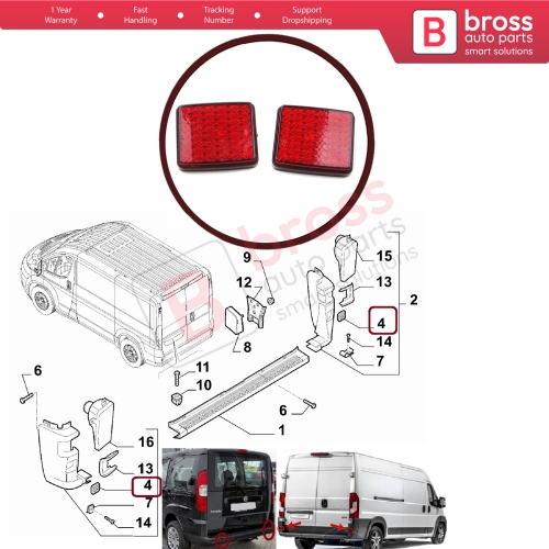 Bross Auto Parts - BSP1118-1 2 Pieces Rear Bumper Reflex Reflector  1348401080 for Fiat Doblo Ducato Peugeot Boxer Citroen Jumper Relay