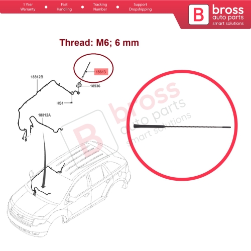 Roof Aerial Mast AM FM Radio Antenna Rod M6 6 mm For Ford C-Max Edge Explorer Fiesta Focus Lincoln MKT MKX MKZ Mercury Milan CT4Z18813A 