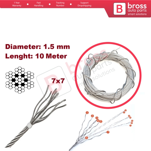 10 meter Window Regulator Repair Cable Steel Wire Rope 7x7 Diameter: 1.5 mm for Car Window Regulator
