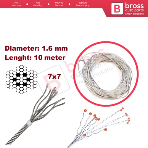 10 meter Window Regulator Repair Cable Steel Wire Rope 7x7 Diameter: 1.6 mm for Car Window Regulator