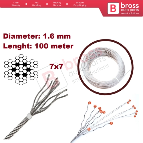 Window Regulator Repair Cable Steel Wire Rope 7x7 Diameter: 1.6 mm Length: 100 meter for Car Window Regulator 