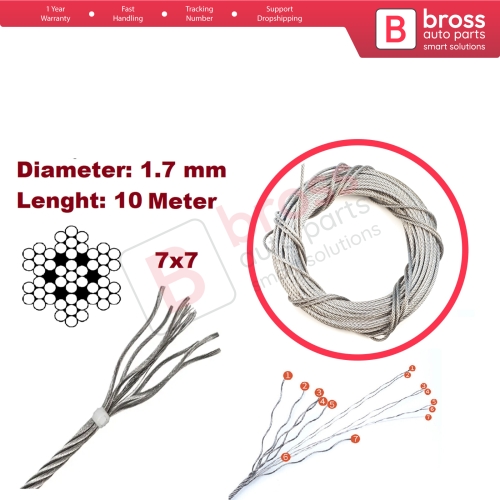 10 meter Window Regulator Repair Cable Steel Wire Rope 7x7 Diameter: 1.7 mm for Car Window Regulator
