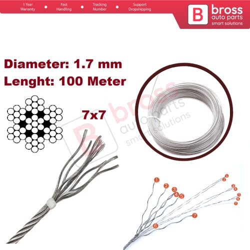 Window Regulator Repair Cable Steel Wire Rope 7x7 Diameter: 1.7 mm Length 100 meter for Car Window Regulator 